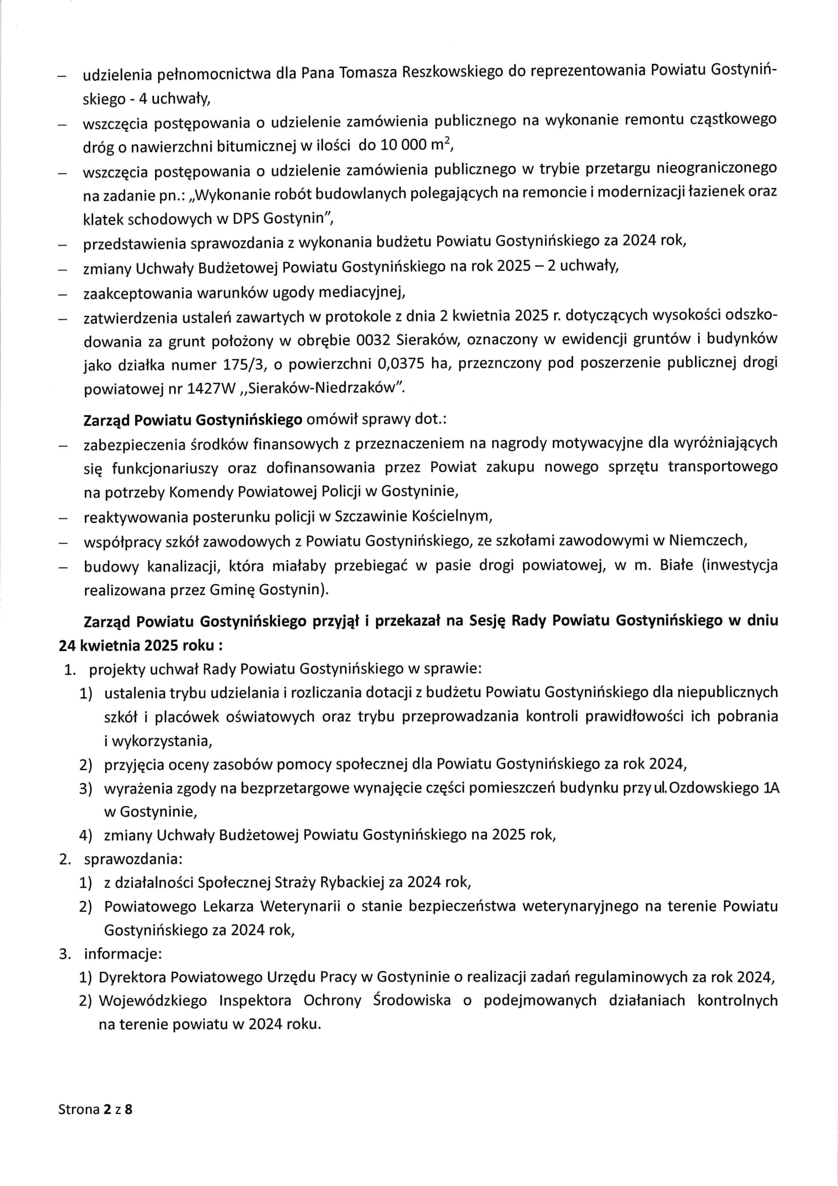 Sprawozdanie Starosty Gostynińskiego z wykonania Uchwał Rady Powiatu Gostynińskiego i prac Zarzadu Powiatu w okresie od dnia 20 marca 2025 r. do dnia 23 kwietnia 2025 r. 2