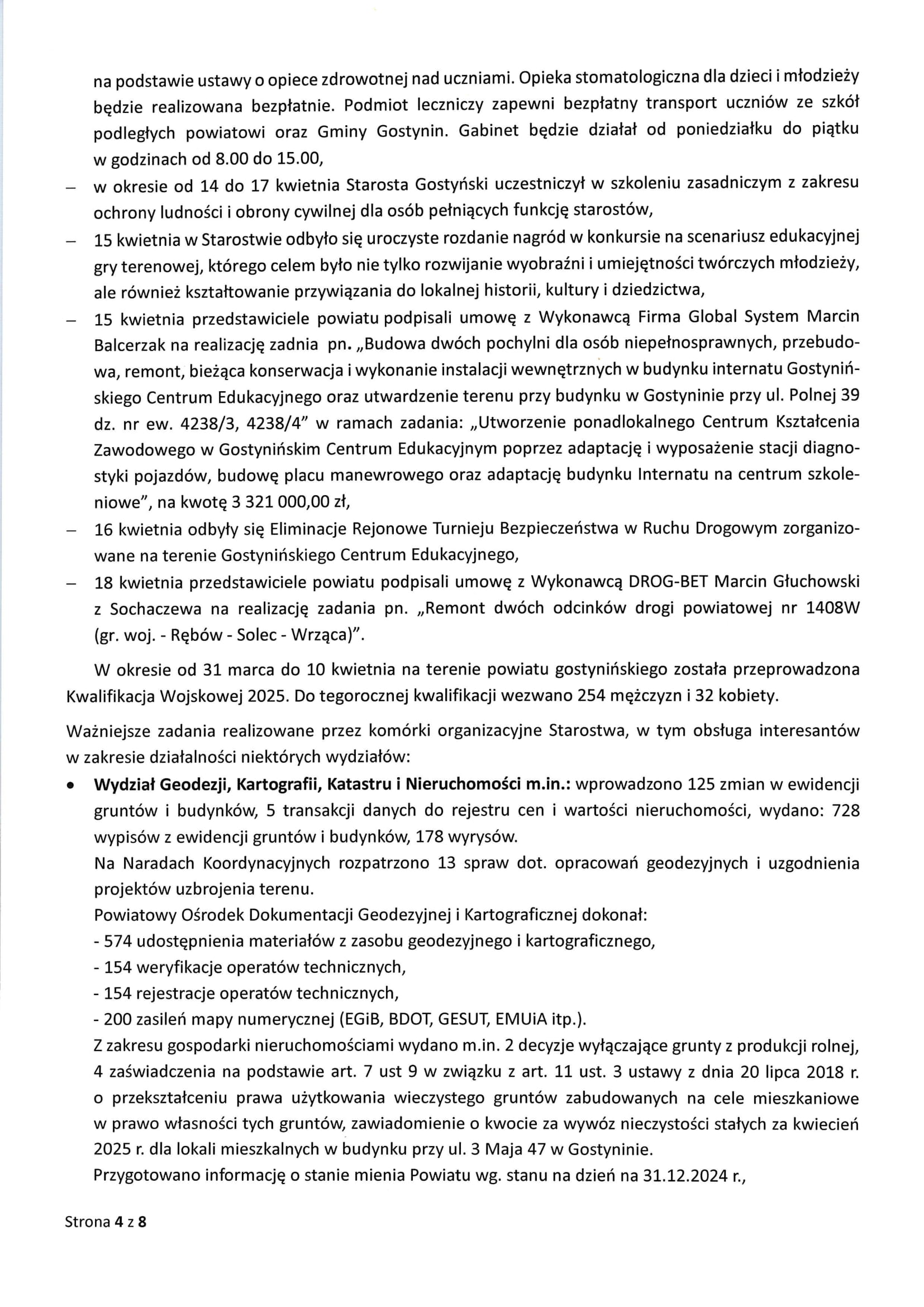 Sprawozdanie Starosty Gostynińskiego z wykonania Uchwał Rady Powiatu Gostynińskiego i prac Zarzadu Powiatu w okresie od dnia 20 marca 2025 r. do dnia 23 kwietnia 2025 r. 4