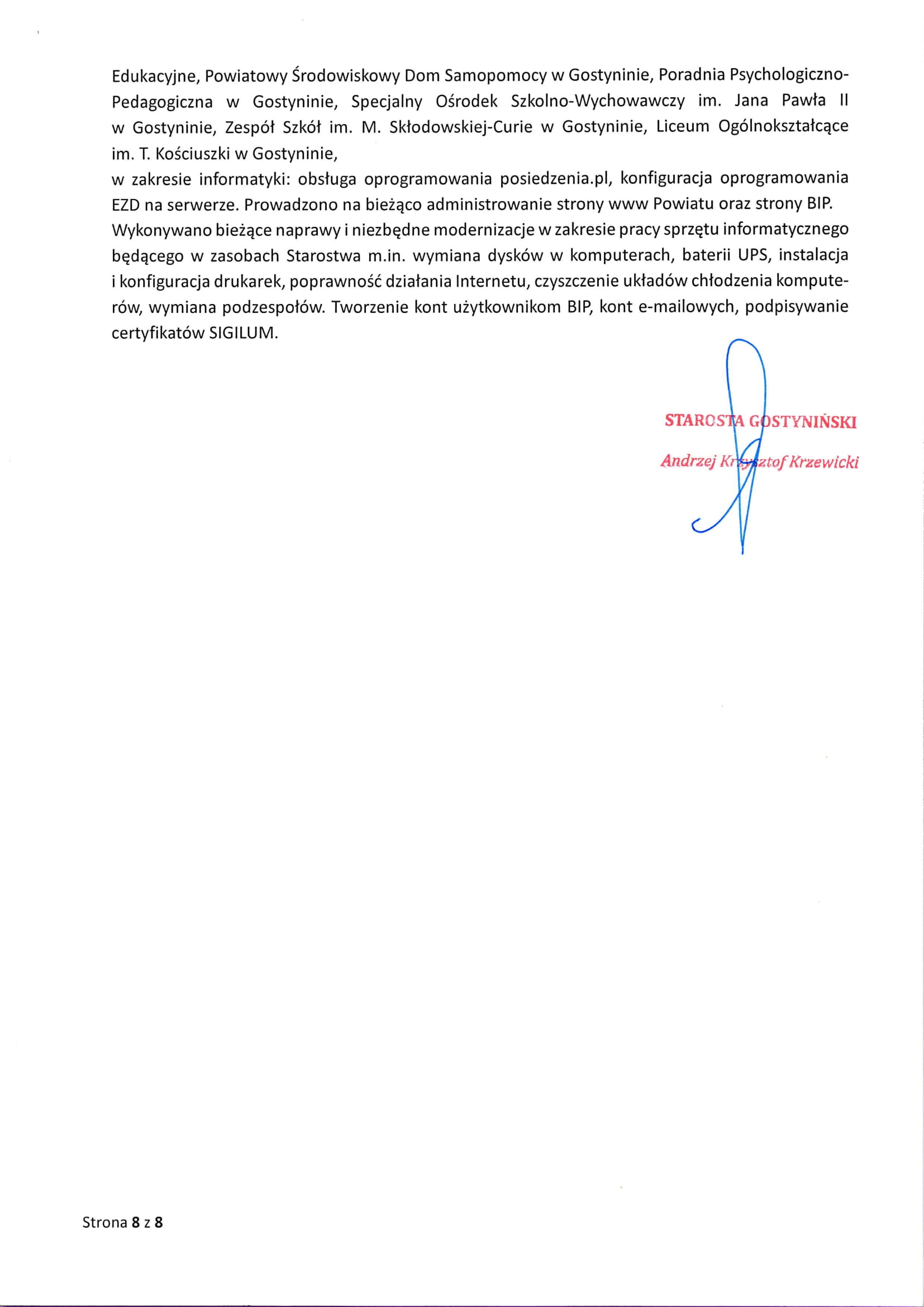 Sprawozdanie Starosty Gostynińskiego z wykonania uchwał Rady Powiatu Gostynińskiego i prac Zarzadu Powiatu w okresie od dnia 19 grudnia 2024 roku do dnia 22 stycznia 2025 roku 8